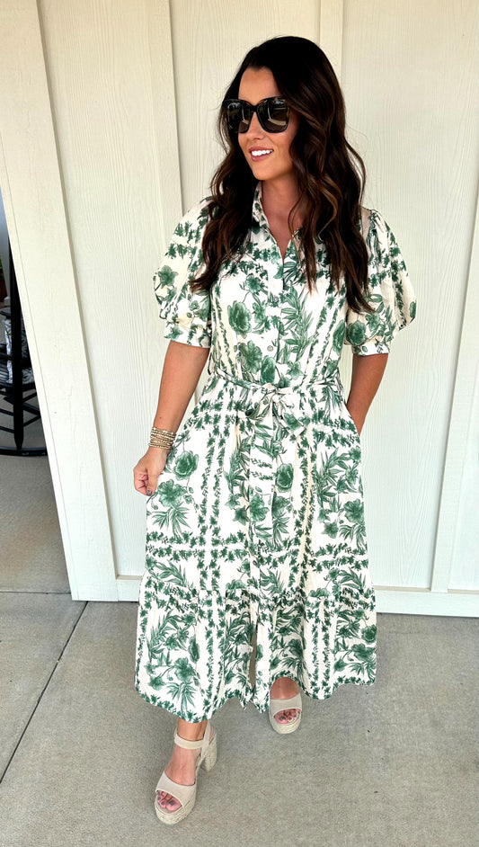 Green Floral Print Midi