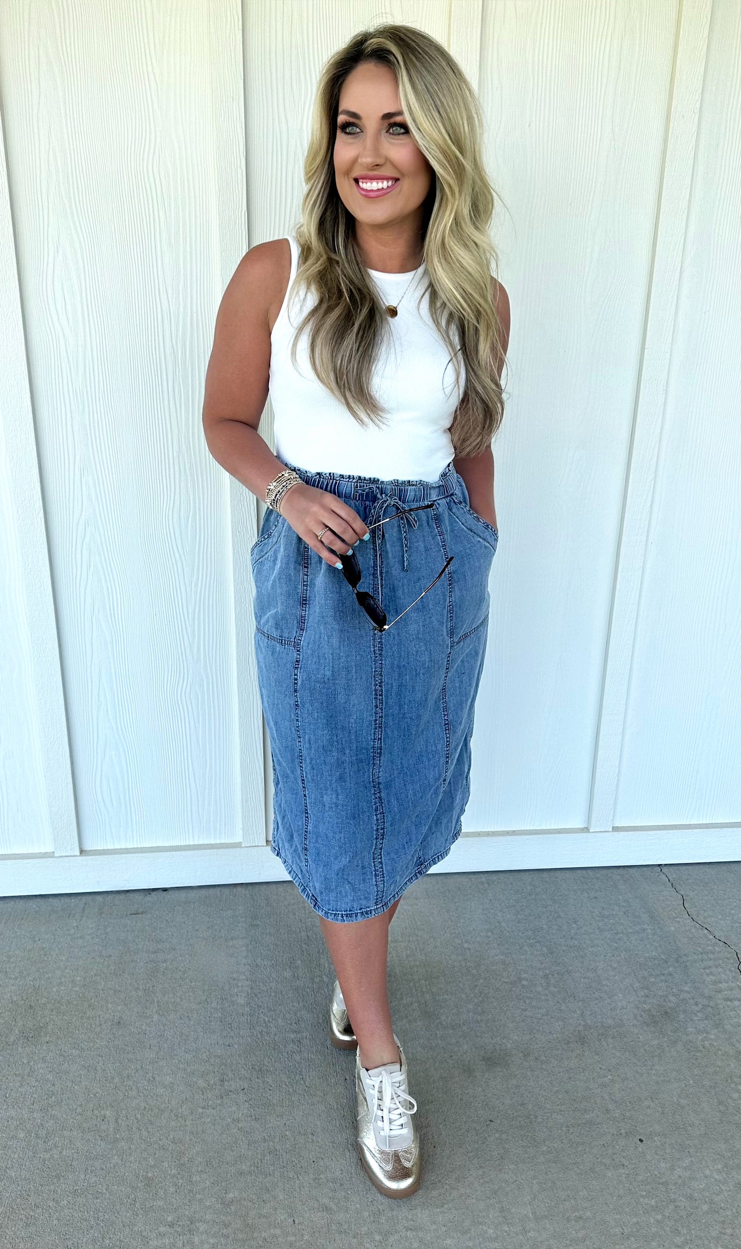 White Top/Denim Skirt Midi