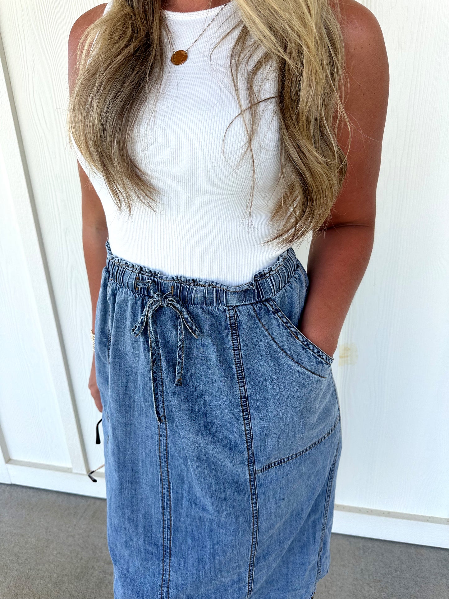 White Top/Denim Skirt Midi