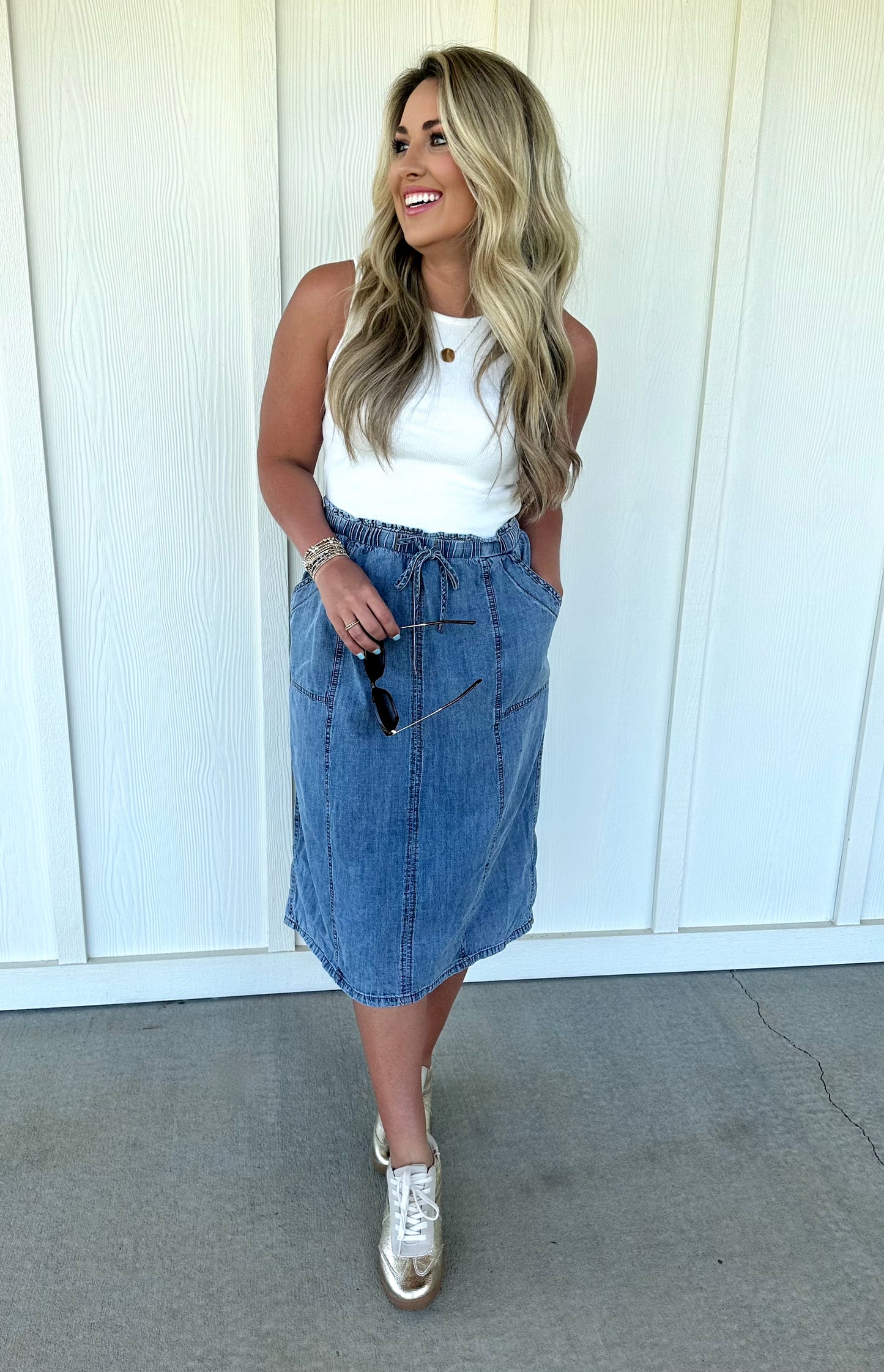 White Top/Denim Skirt Midi