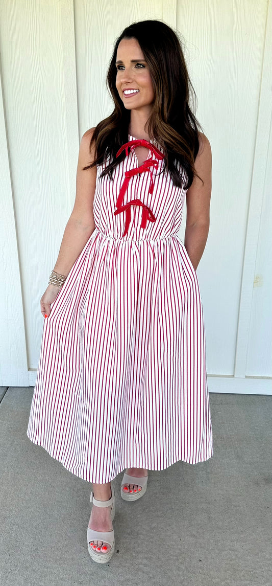 Red Striped Front Bow Midi