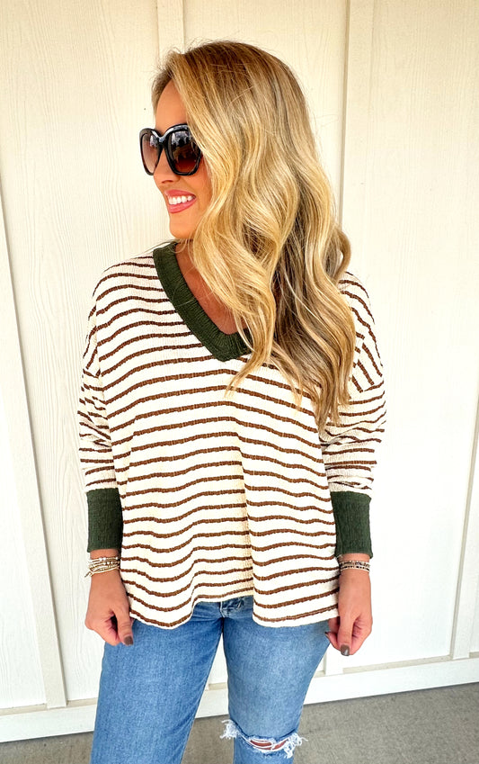 Brown Stripe Olive Trim Top