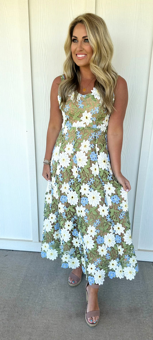 Green Floral Lace A-Line Dress