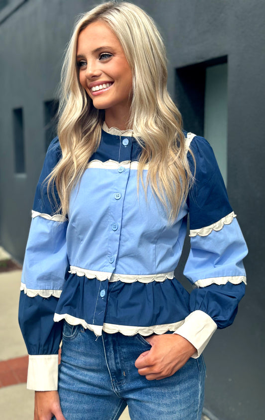 Navy/Blue/White Scallop Top