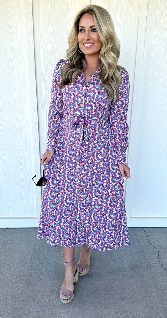 Long Sleeve Front Button Floral Midi