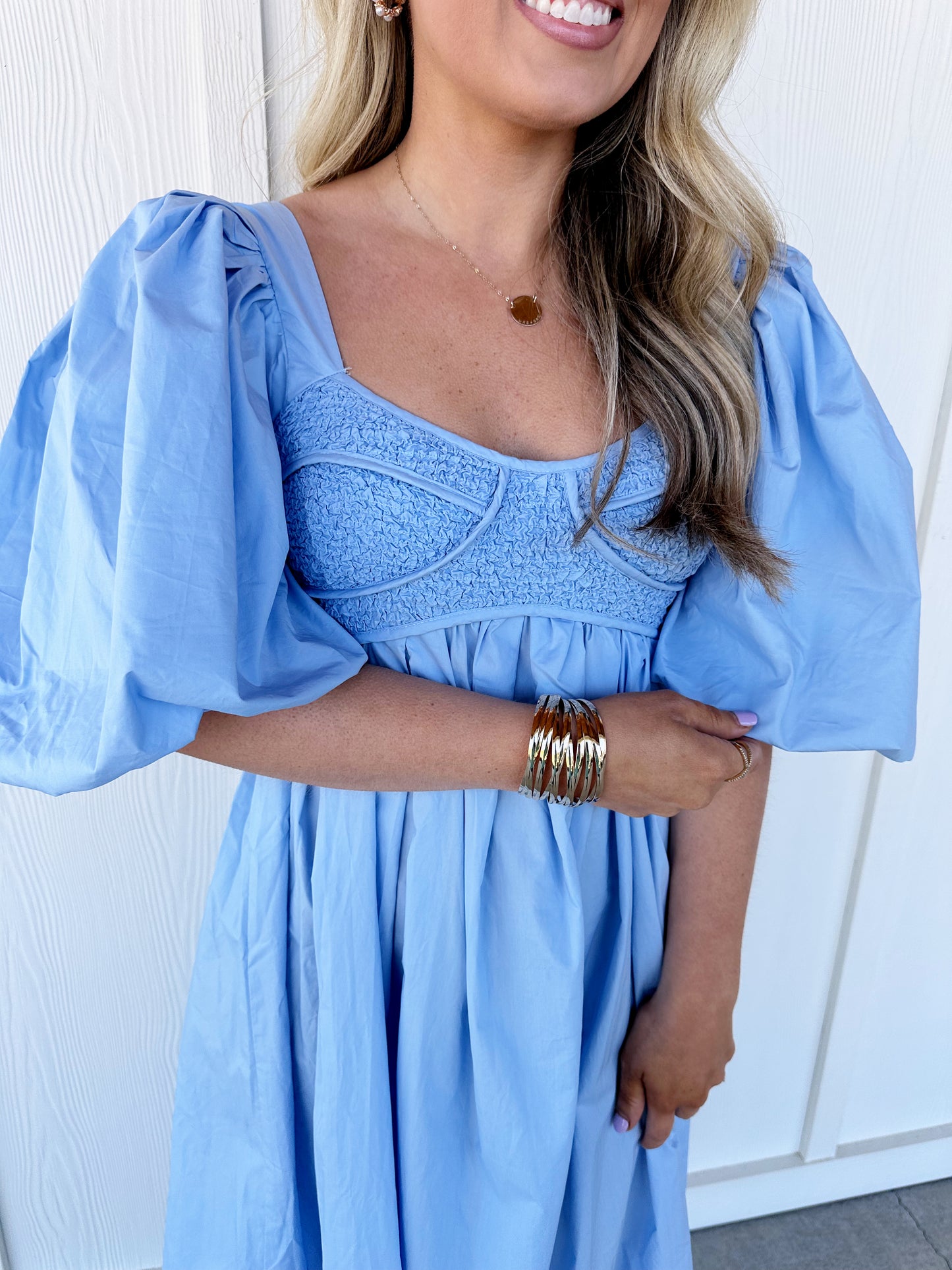 Blue Cotton-Poplin Smocked Midi Dress