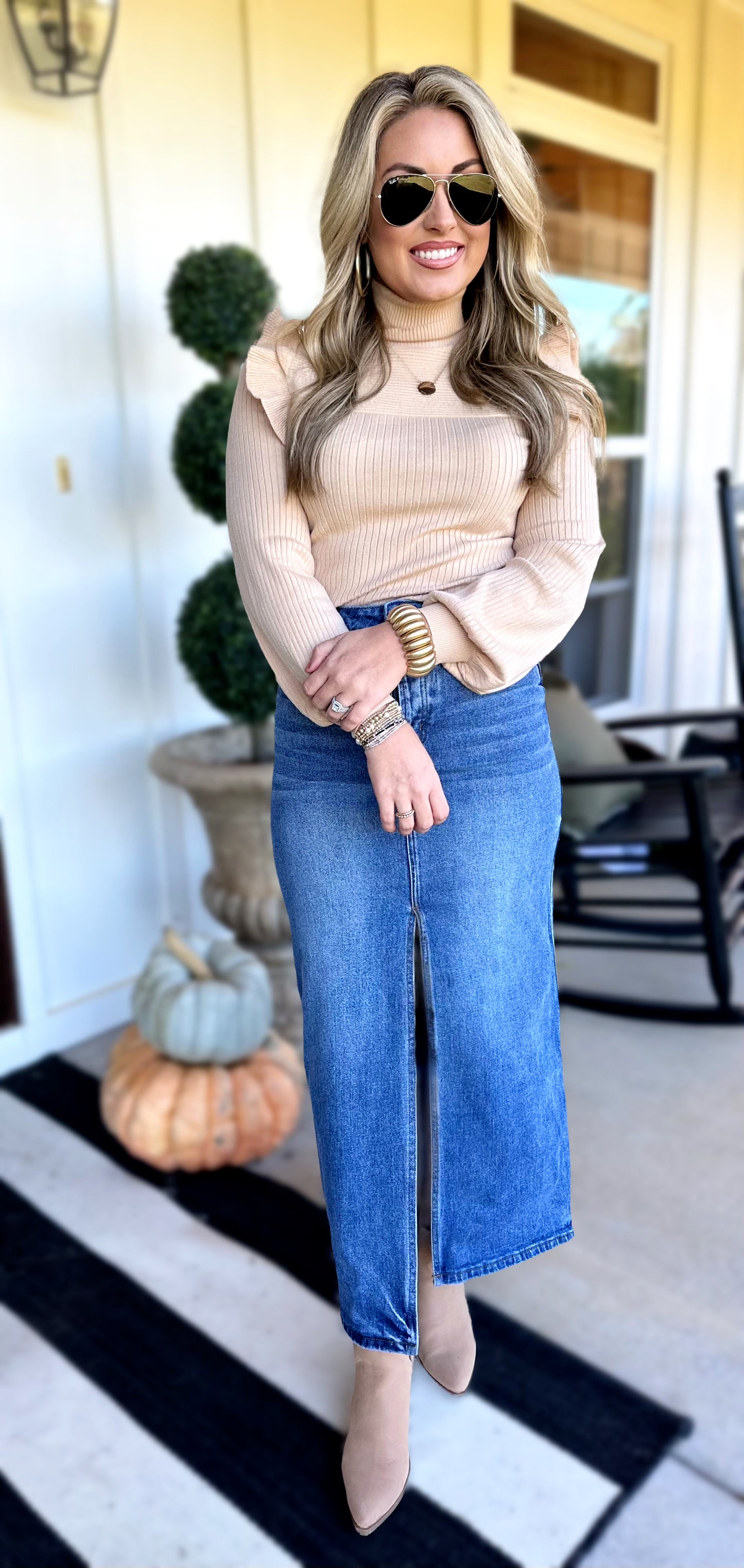 Straight Front Slit Denim Skirt