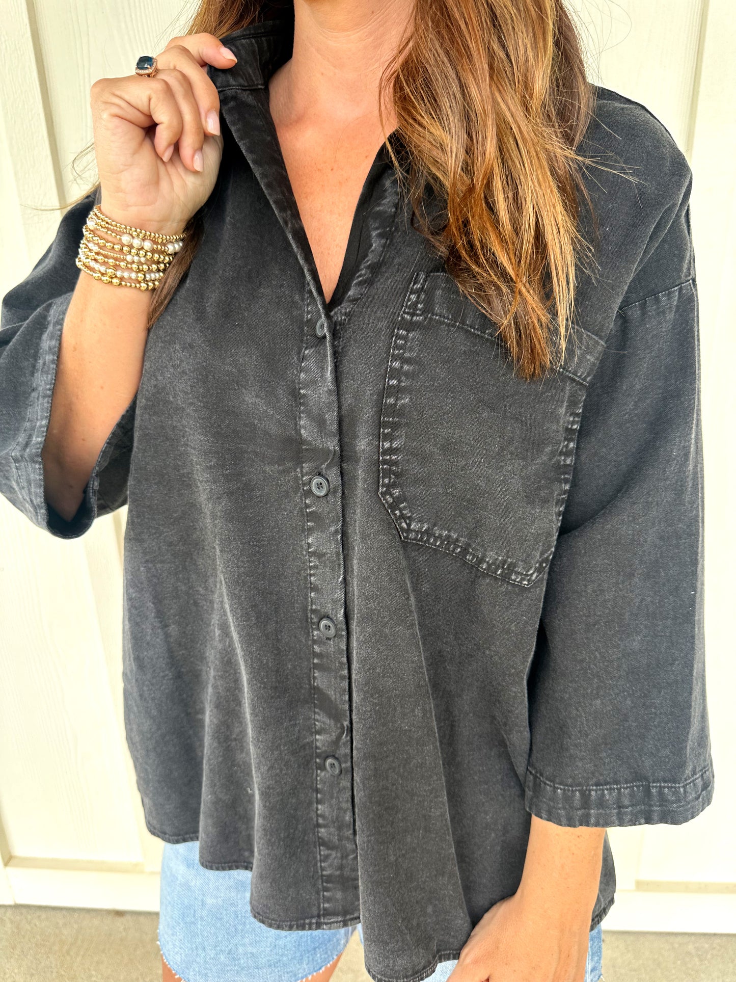 Black Wash Front Button Top