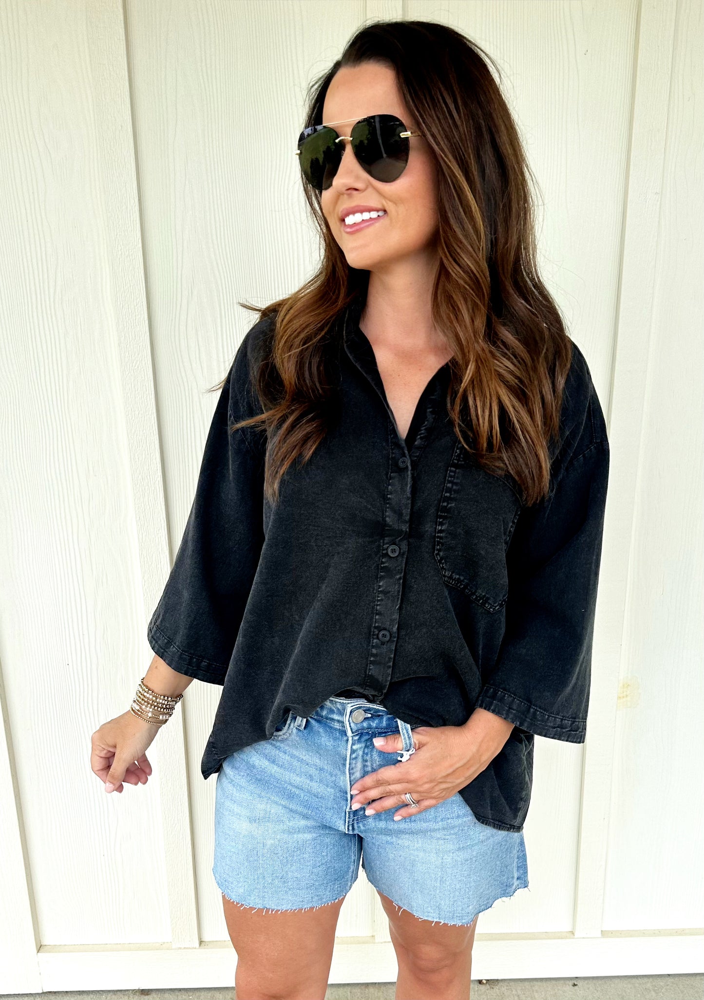 Black Wash Front Button Top