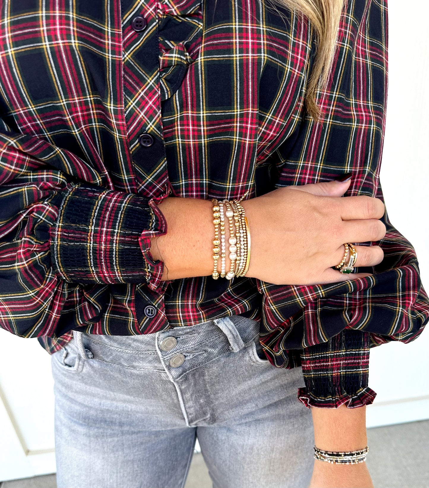 Navy Plaid Ruffle Top