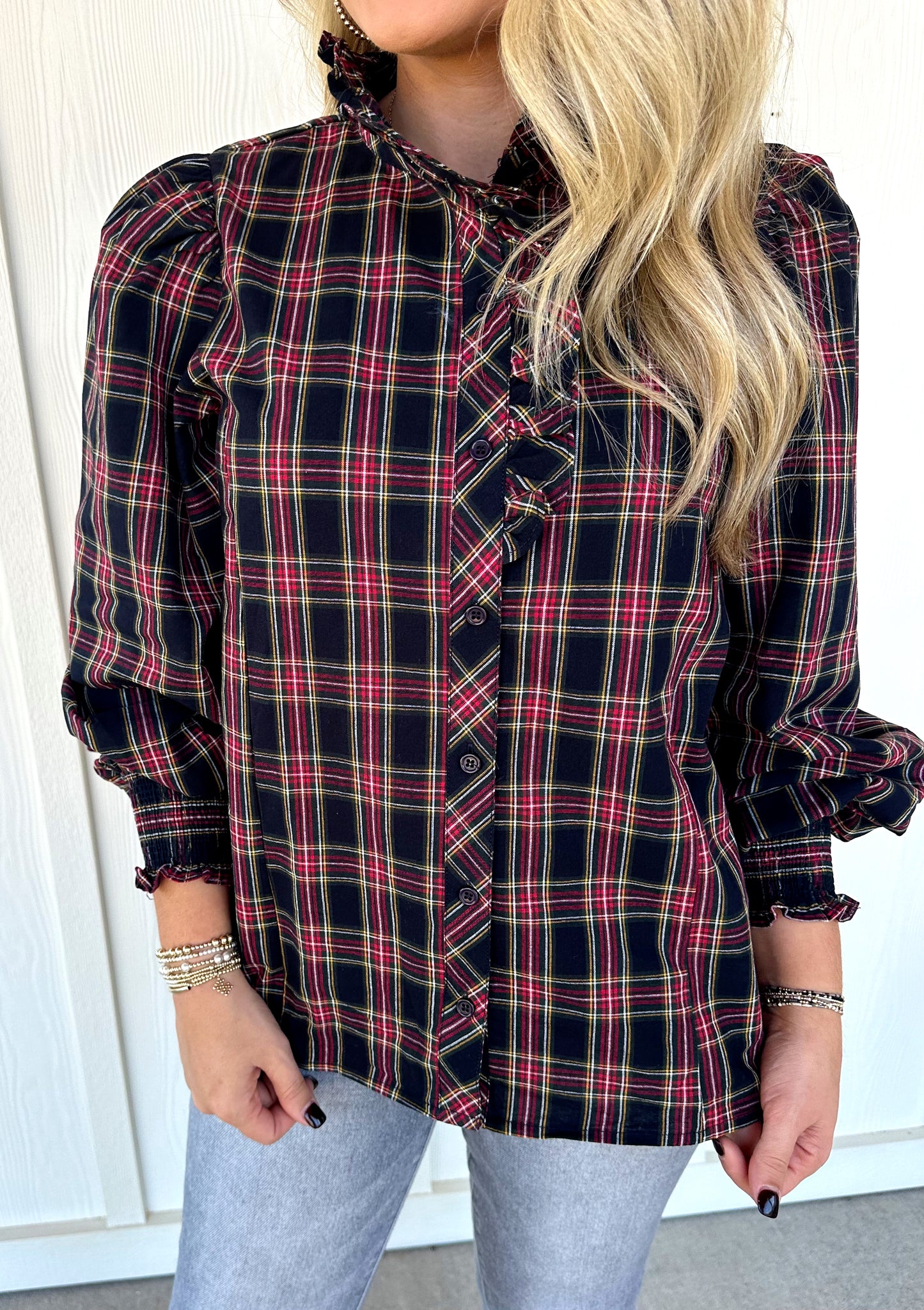 Navy Plaid Ruffle Top