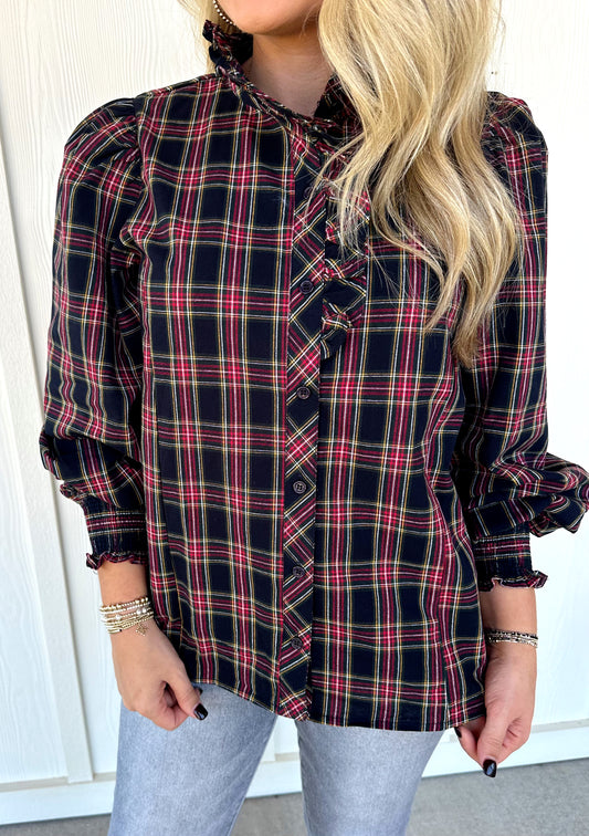 Navy Plaid Ruffle Top
