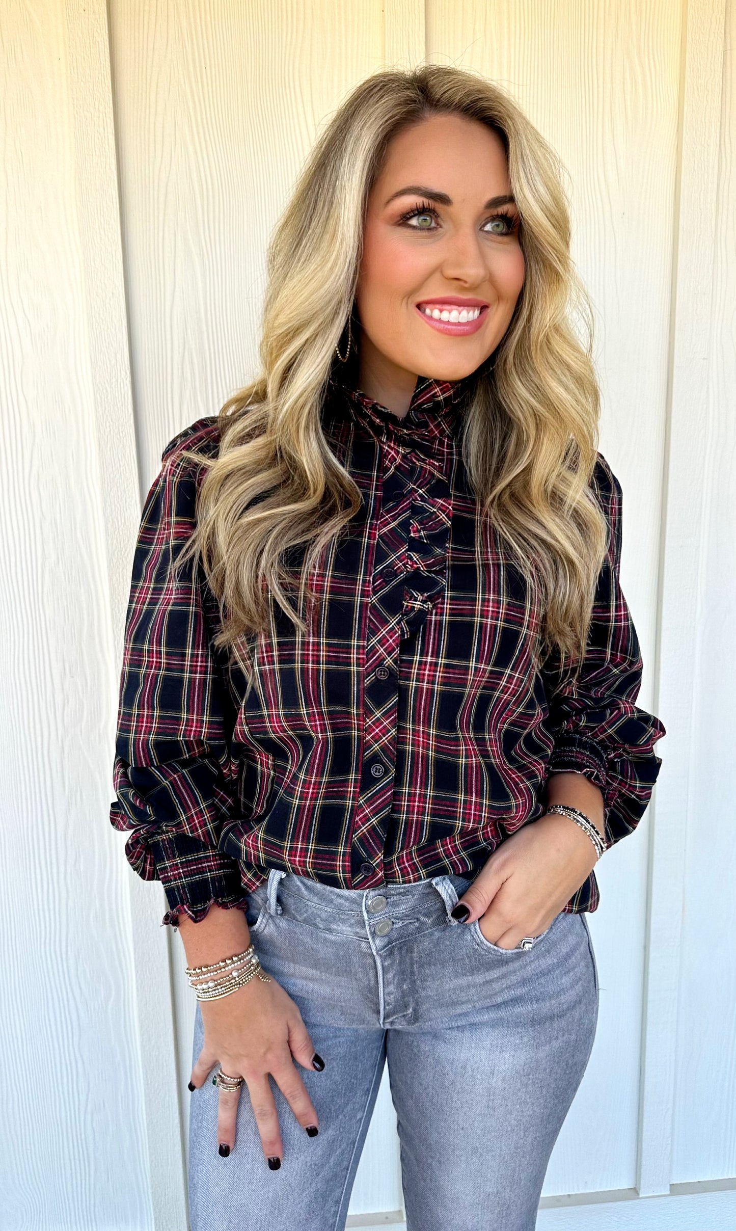 Navy Plaid Ruffle Top