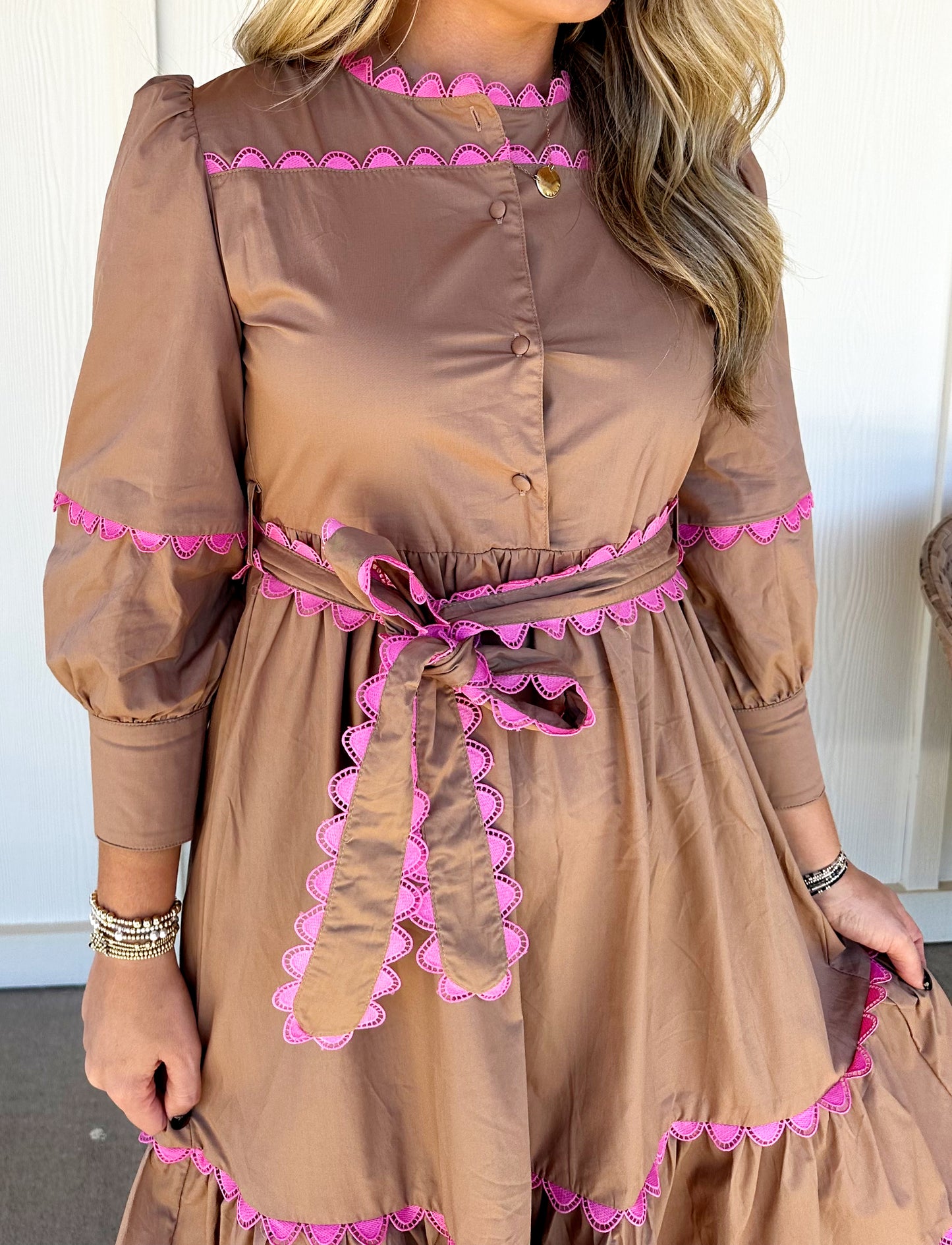 Mocha Scallop Trim Midi Dress