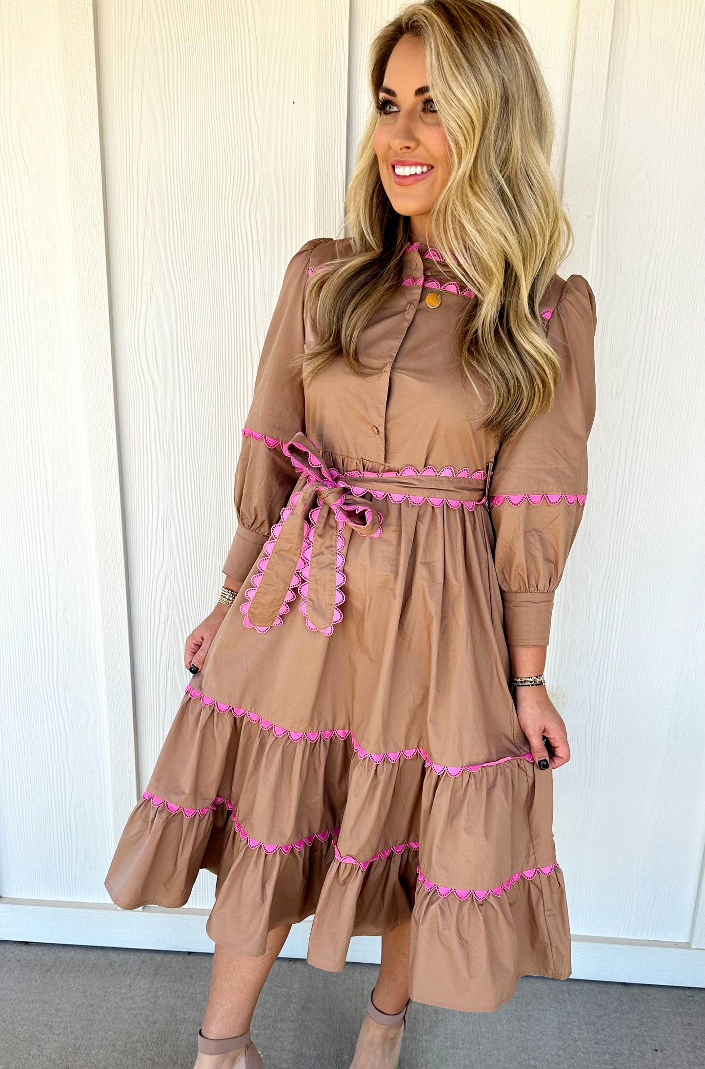 Mocha Scallop Trim Midi Dress