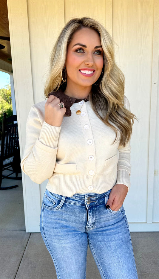 Ecru/ Brown Collar Cardigan