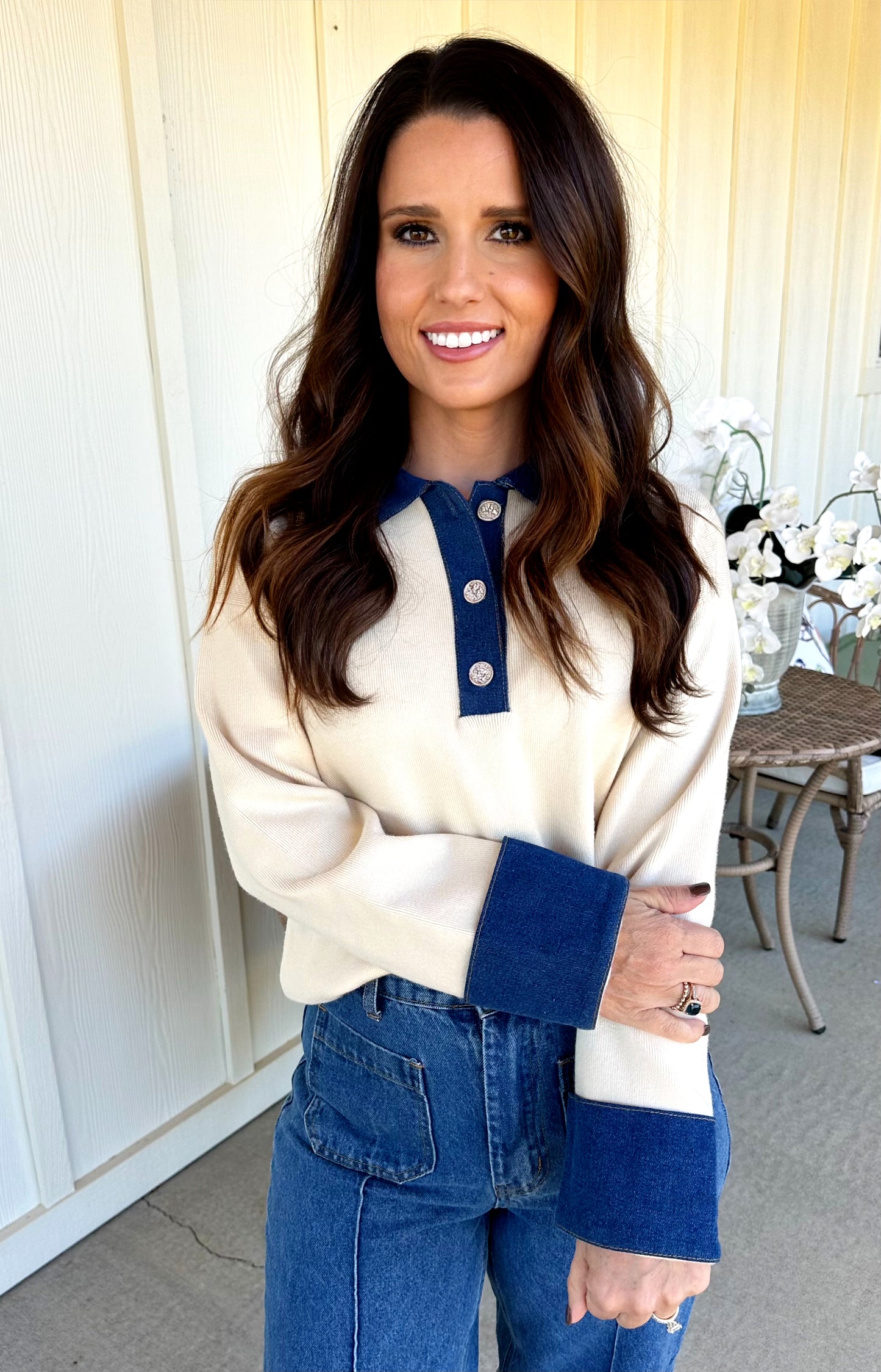 Ecru/Denim Button Top