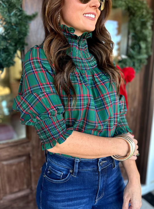 Green Jace Plaid Smocked Top