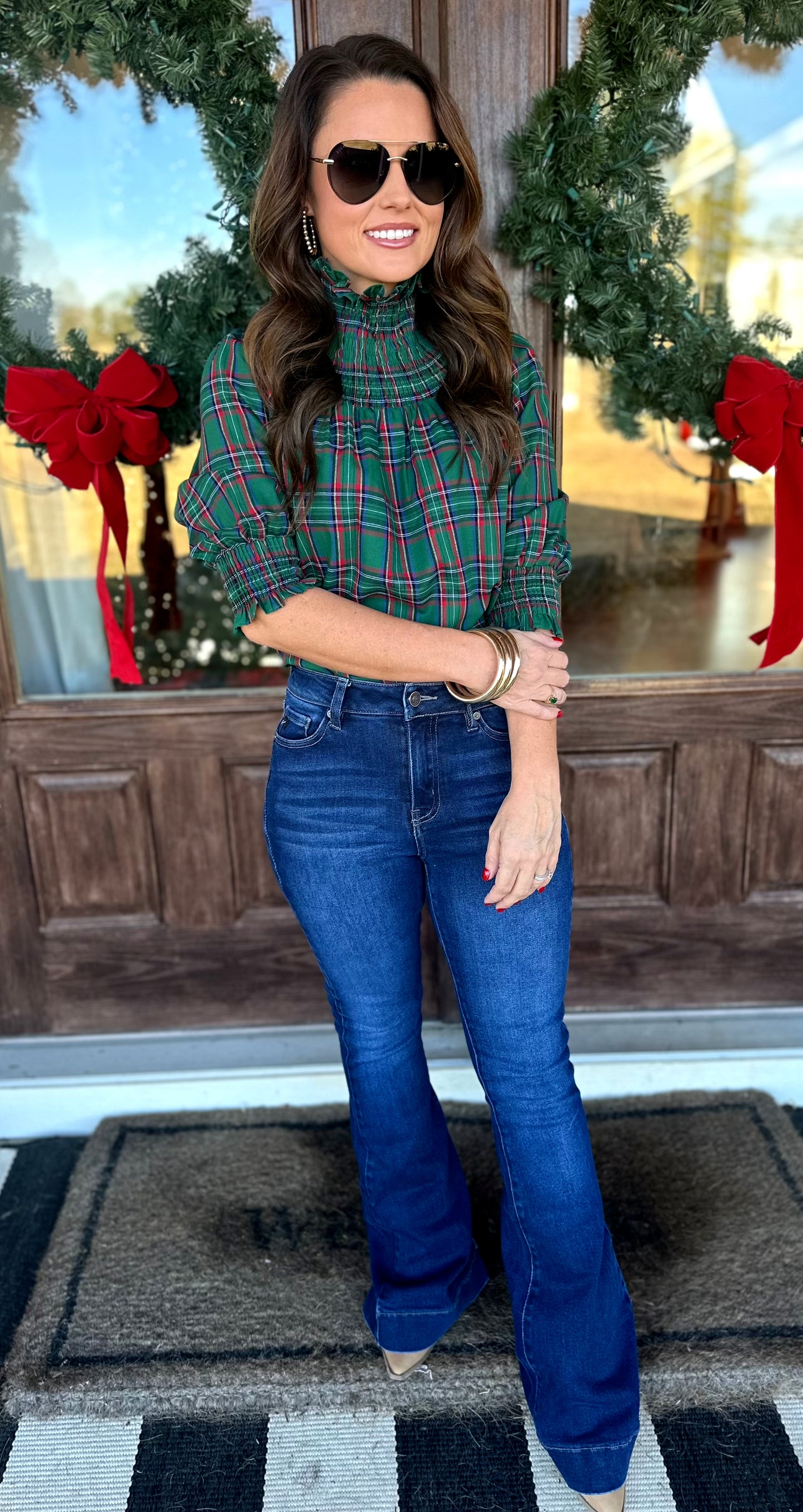 Green Jace Plaid Smocked Top