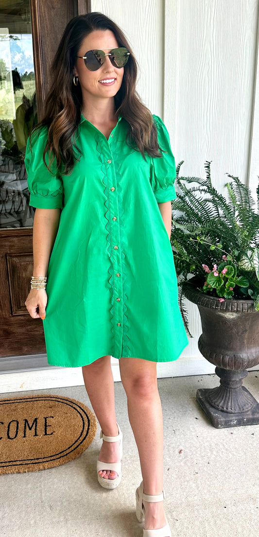 Kelly Green Solid Button-Up Dress