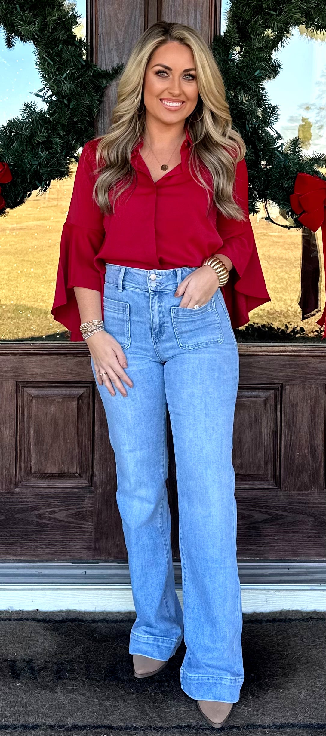 Burgundy Ruffled Sleeve Blouse